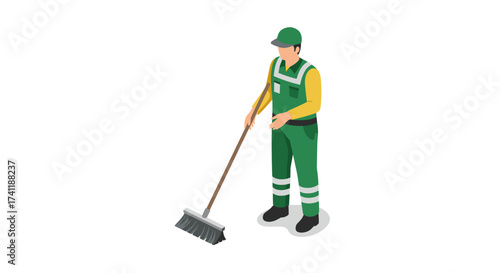 Sanitation worker in uniform sweeping with broom isometric design