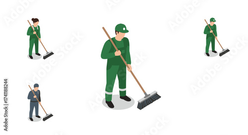 Isometric cleaning workers with brooms in uniforms on white background