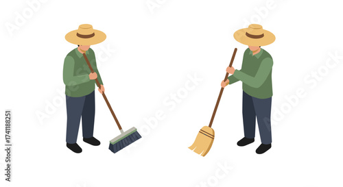 Isometric farmers sweeping with broom and rake in straw hats and green shirts on white background
