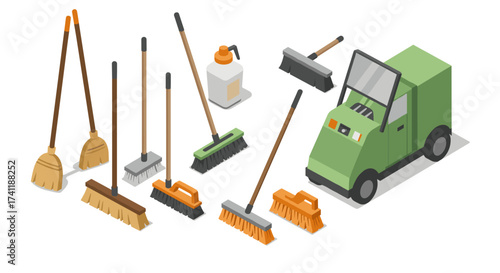 Isometric cleaning tools and green cleaning vehicle illustration