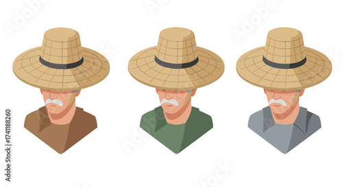 Isometric farmer portraits with straw hat in various shirt colors