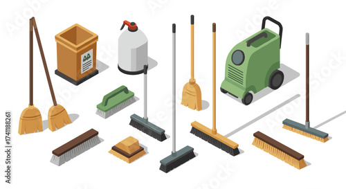 Isometric cleaning tools set featuring brooms, mops, and equipment