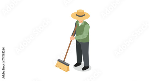 Isometric farmer sweeping with broom on white background