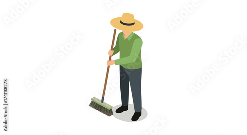 Isometric farmer sweeping with broom in field hat and green shirt