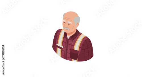 Elderly man in plaid shirt with suspenders isometric style