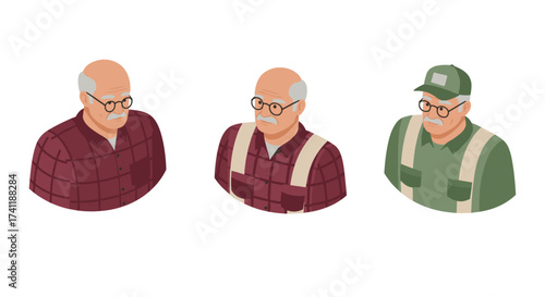Elderly man characters in isometric style with different outfits and accessories