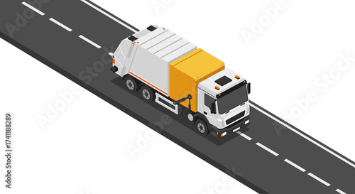 Isometric garbage truck on road urban sanitation graphics for city planning