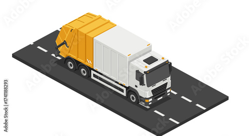Isometric garbage truck on road with yellow compactor for waste management and sanitation