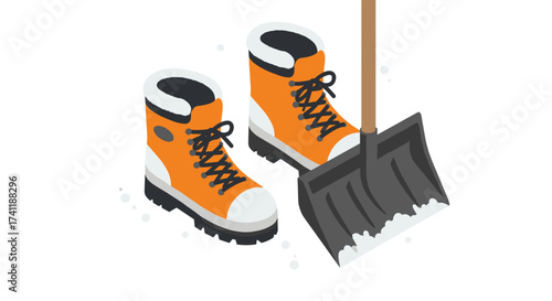 Winter boots and snow shovel isometric design on white background