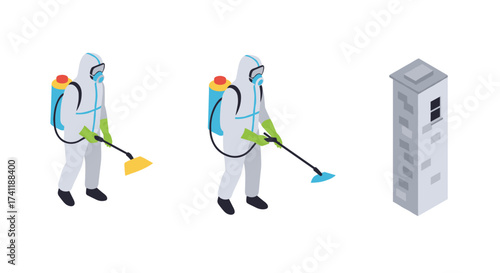 Isometric sanitization workers and building during disinfection process