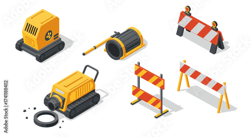 Isometric construction equipment and safety barriers set