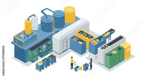 Isometric waste management facility with recycling and sorting bins
