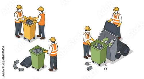 Workers sorting and collecting recyclable waste in isometric style
