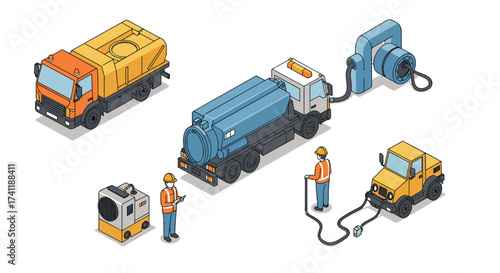 Isometric construction trucks and workers with high pressure equipment