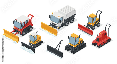 Isometric snow plow vehicles collection with modern design elements