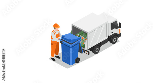 Isometric garbage collection with worker and truck for waste management