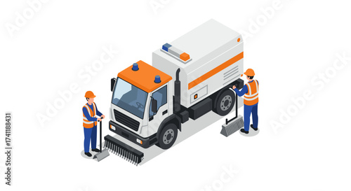 Isometric street sweeping truck and workers in safety gear on white background