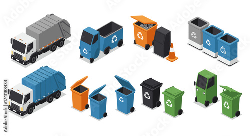 Isometric garbage and recycling bins with waste collection trucks