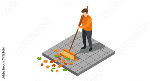 Isometric autumn scene person sweeping fallen leaves on a paved path