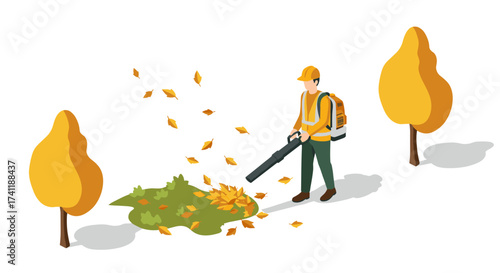 Isometric autumn scene with worker using leaf blower in park
