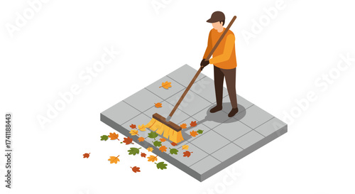 Isometric autumn scene with person sweeping leaves on paved ground