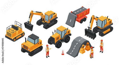Construction equipment and workers isometric collection
