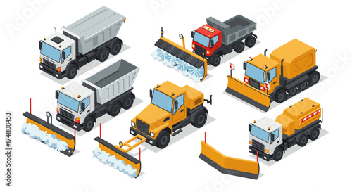 Isometric snowplow trucks collection for winter road maintenance and transportation