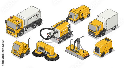 Street cleaning vehicles collection in isometric style for urban maintenance