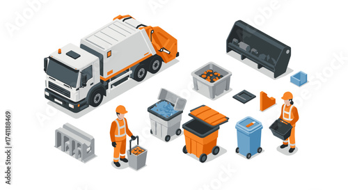Isometric garbage collection waste management equipment and workers in action