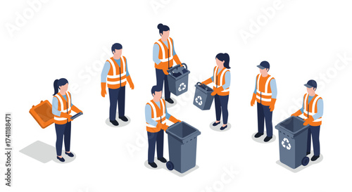 Isometric illustration of workers in safety vests handling recycling bins