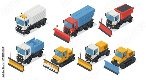 Isometric snowplow trucks and construction vehicles for winter road clearing