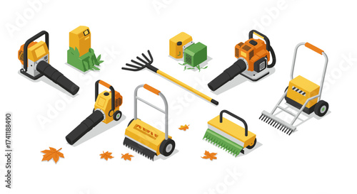 Isometric garden tools collection leaf blowers, rakes, lawnmowers for autumn maintenance
