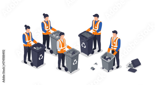 Isometric teamwork in waste management with recycling bins and workers