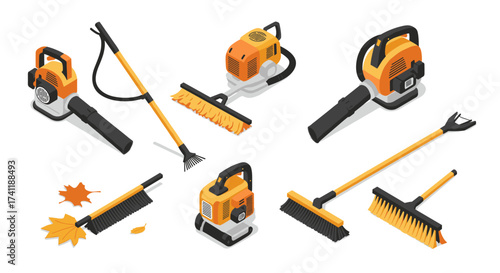 Isometric leaf blowers and rakes set for fall lawn care