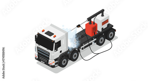 Isometric truck washing scene with high pressure hose and equipment