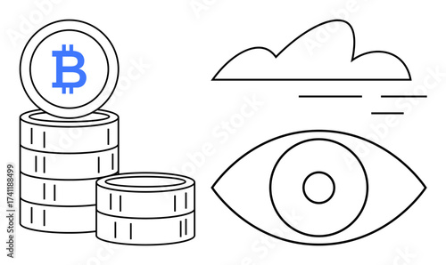 Bitcoin coins stacked beside an eye and cloud outline. Ideal for cryptocurrency, blockchain, digital finance, investment, innovation, technology, visionary approaches. Simple flat metaphor