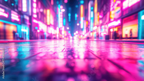 Wallpaper Mural Vibrant cyberpunk city street illuminated by neon lights, ing on wet pavement. is electric and dynamic, lively urban environment Torontodigital.ca