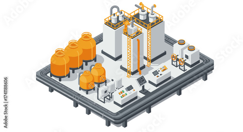 Isometric industrial factory with tanks and machinery in modern design
