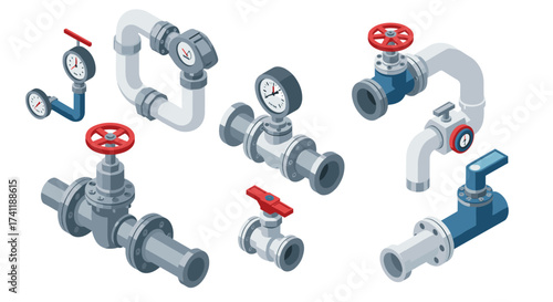 Isometric pipe systems and valves with pressure gauges for industrial applications