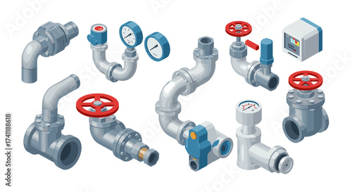 Industrial plumbing elements with gauges and valves in isometric style