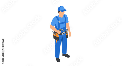 Isometric construction worker in blue uniform holding hammer and toolbelt