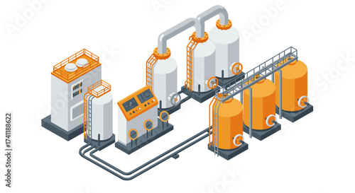 Isometric industrial factory layout with tanks and pipelines
