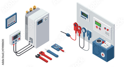 Isometric heating system with control panel and tools for maintenance
