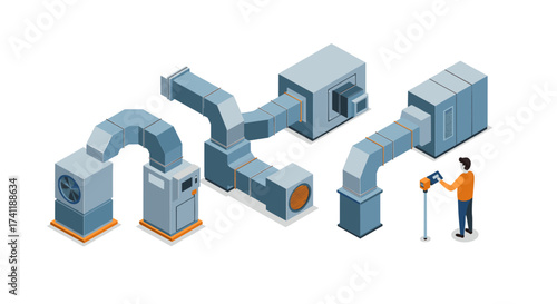 Isometric hvac system with engineer adjusting control panel in industrial setting