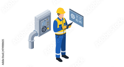 Factory worker using digital tablet for monitoring in industrial setting