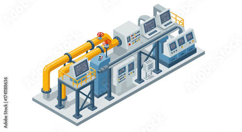 Modern industrial automation system with control panels and production machinery in isometric design