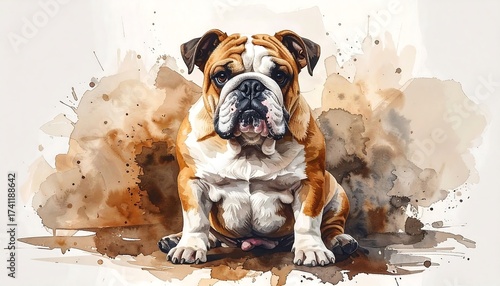 Watercolor Painting of a Bulldog Sitting, Artistic and Cute