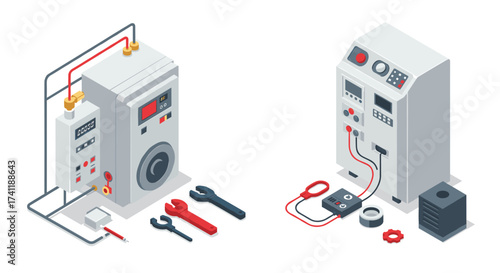Isometric laundry equipment with tools and control panels for maintenance