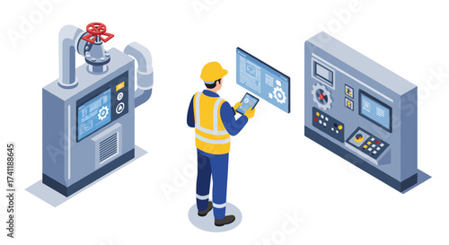 Factory worker operating control panel with digital interface in isometric style