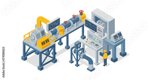 Isometric industrial machinery with worker operating control panels and pipelines
